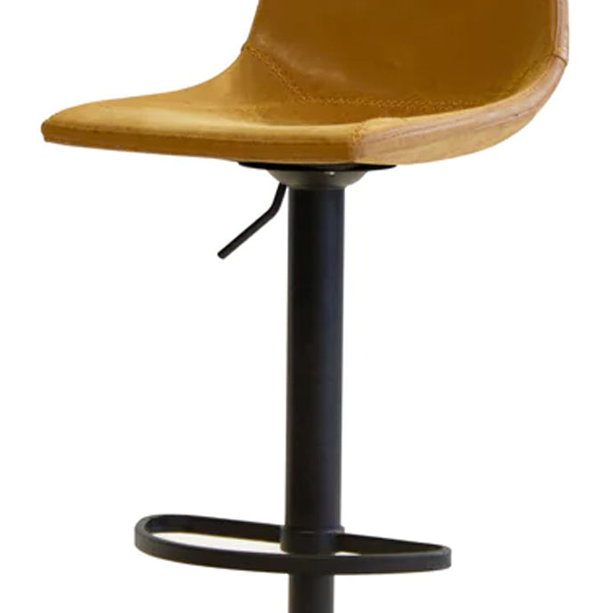 Derby Hydraulic Bar Stool by Mobital, showing closeup view of derby hydraulic bar stool in retro tan leatherette/black powder coated.