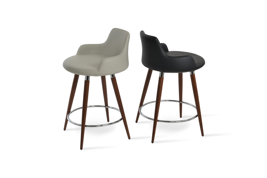 Dervish Ana Stool by SohoConcept, showing different angle views of dervish ana stools in walnut veneer steel with chrome ring and footrest/black leatherette & light grey leatherette.