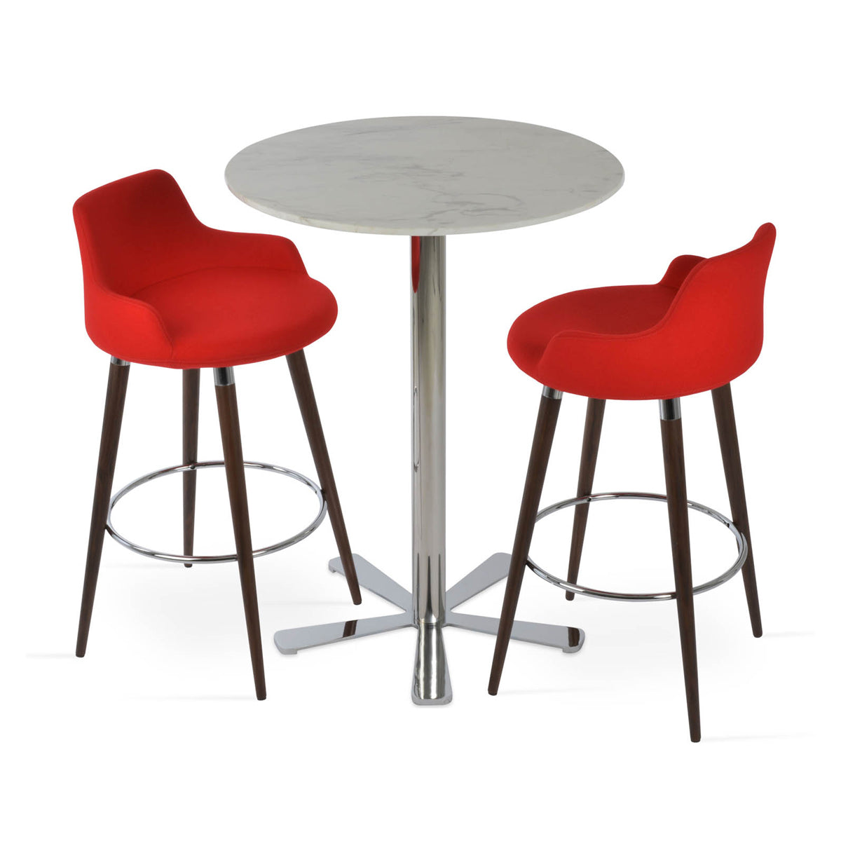 Dervish Ana Stool by SohoConcept, showing different angle views of dervish ana stools in walnut veneer steel with chrome ring and footrest/camira blazer candy apple red wool with bar table.