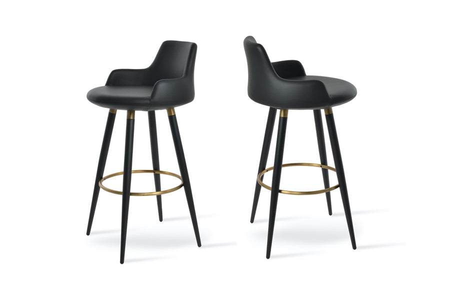 Dervish Ana Stool by SohoConcept, showing different angle views of dervish ana stools in black powder steel with brass ring and footrest/black leatherette.