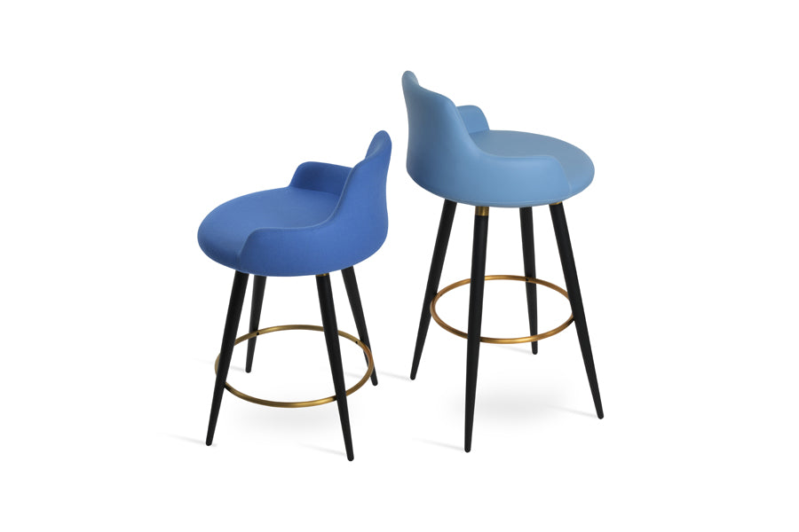 Dervish Ana Stool by SohoConcept, showing different angle views of dervish ana stools in black powder steel with brass ring and footrest/blue leatherette & camira blazer sky blue wool.