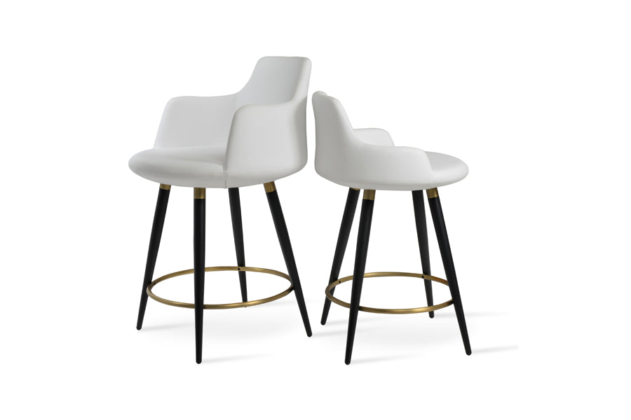 Dervish Ana Stool by SohoConcept, showing side view of dervish ana stool in black powder steel with brass ring and footrest/white leatherette with large ana stool.