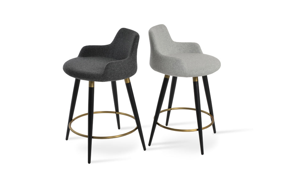 Dervish Ana Stool by SohoConcept, showing different angle views of dervish ana stools in black powder steel with brass ring and footrest/camira blazer dark grey fabric & camira blazer silver fabric.
