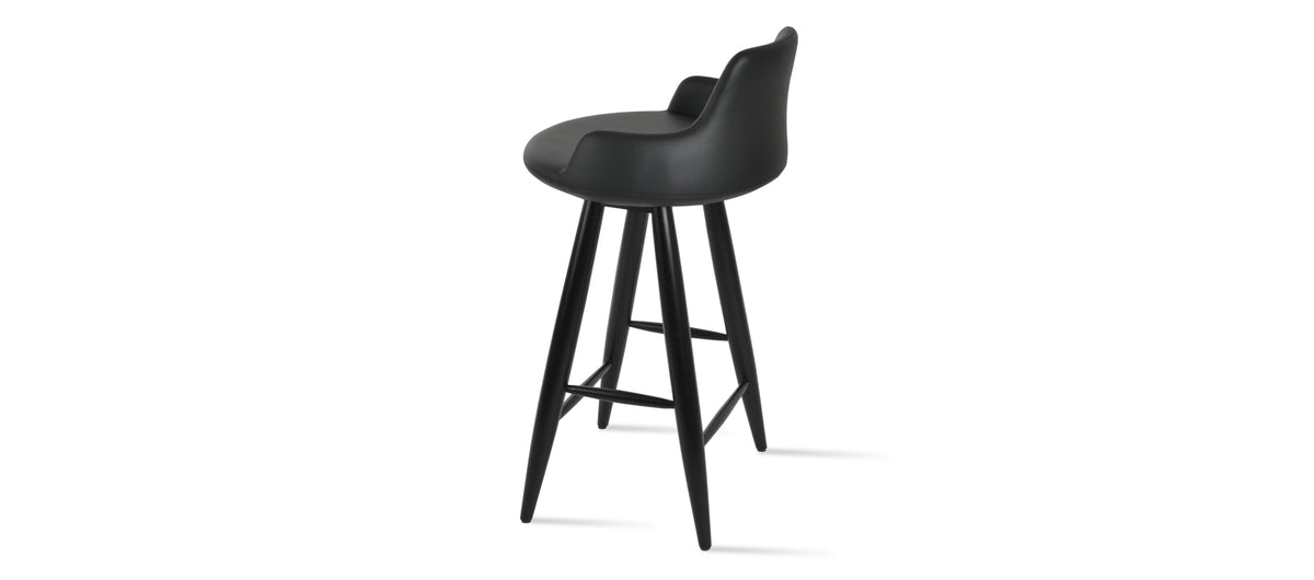 Dervish Baba Stool by SohoConcept, showing side view of dervish baba stool in teak wenge wood/black leatherette.