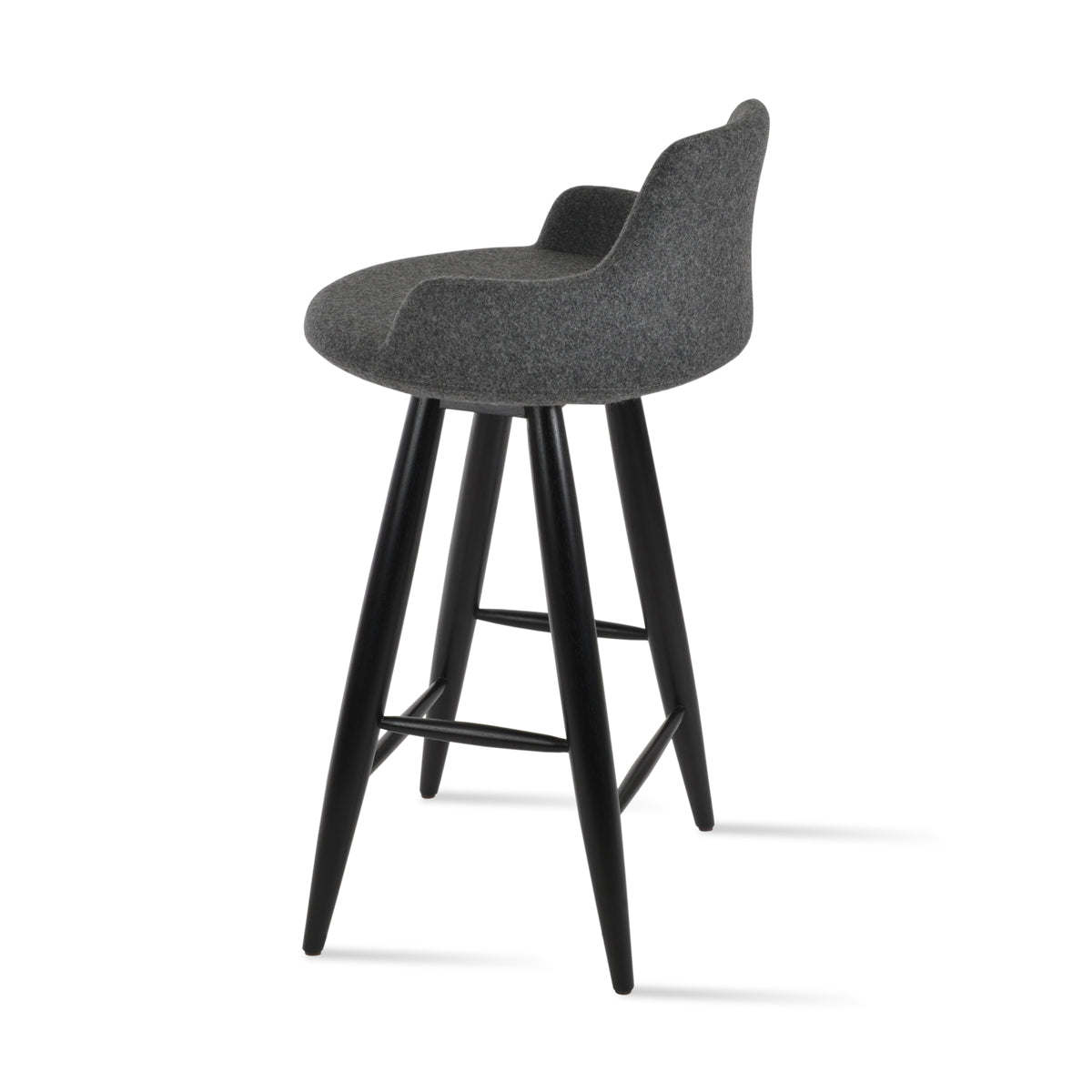 Dervish Baba Stool by SohoConcept, showing side view of dervish baba stool in teak wenge wood/camira blazer dark grey wool.