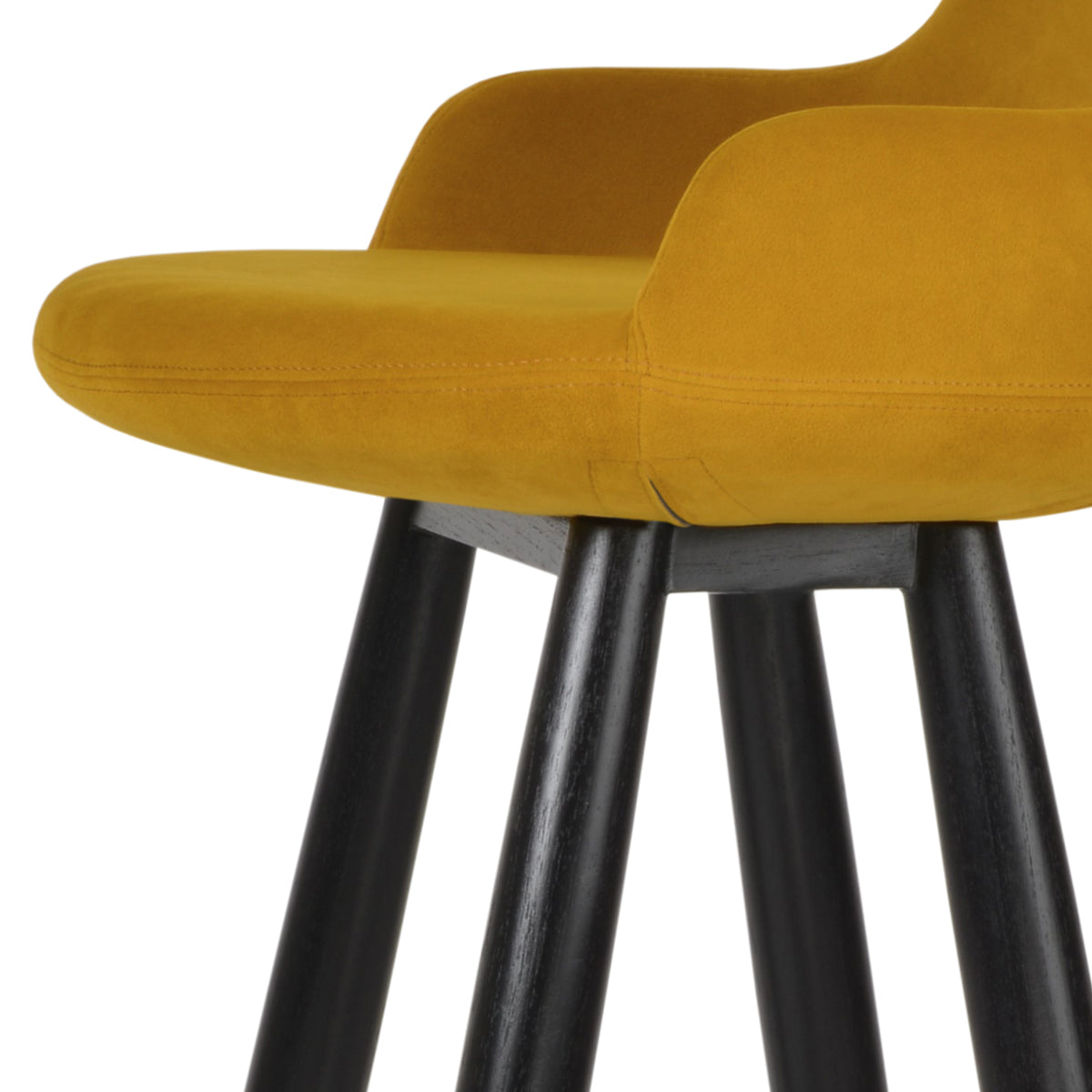Dervish Baba Stool by SohoConcept, showing closeup view of dervish baba stool in teak wenge wood/tumeric velvet fabric.