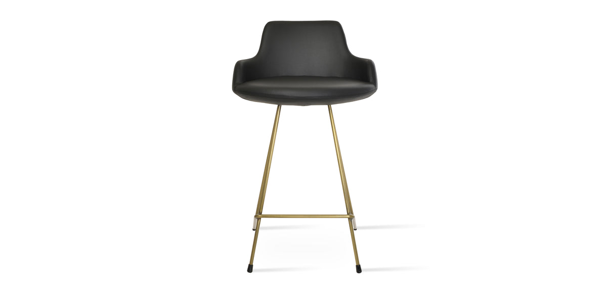 Dervish Cat-Wire Stool by SohoConcept, showing front view of dervish cat-wire stool in brass plated wire/black leatherette.