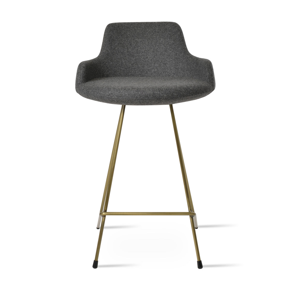Dervish Cat-Wire Stool by SohoConcept, showing front view of dervish cat-wire stool in brass plated wire/camira blazer dark grey wool.
