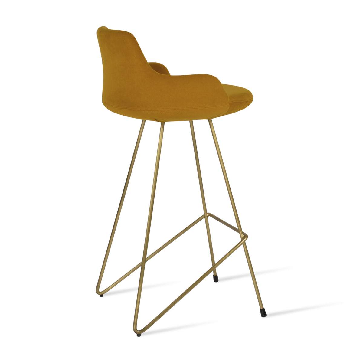 Dervish Cat-Wire Stool by SohoConcept, showing back view of dervish cat-wire stool in brass plated wire/tumeric velvet fabric.
