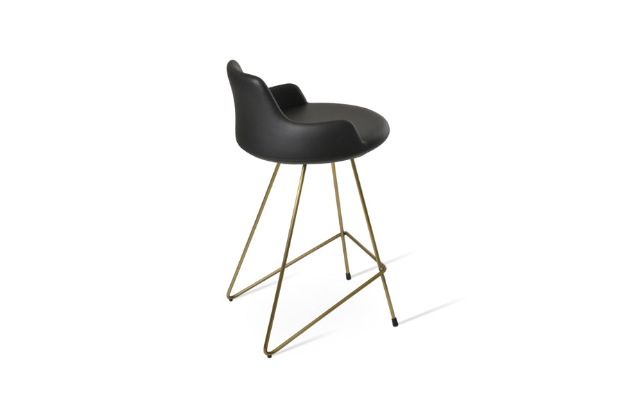 Dervish Cat-Wire Stool by SohoConcept, showing back view of dervish cat-wire stool in brass plated wire/black leatherette.