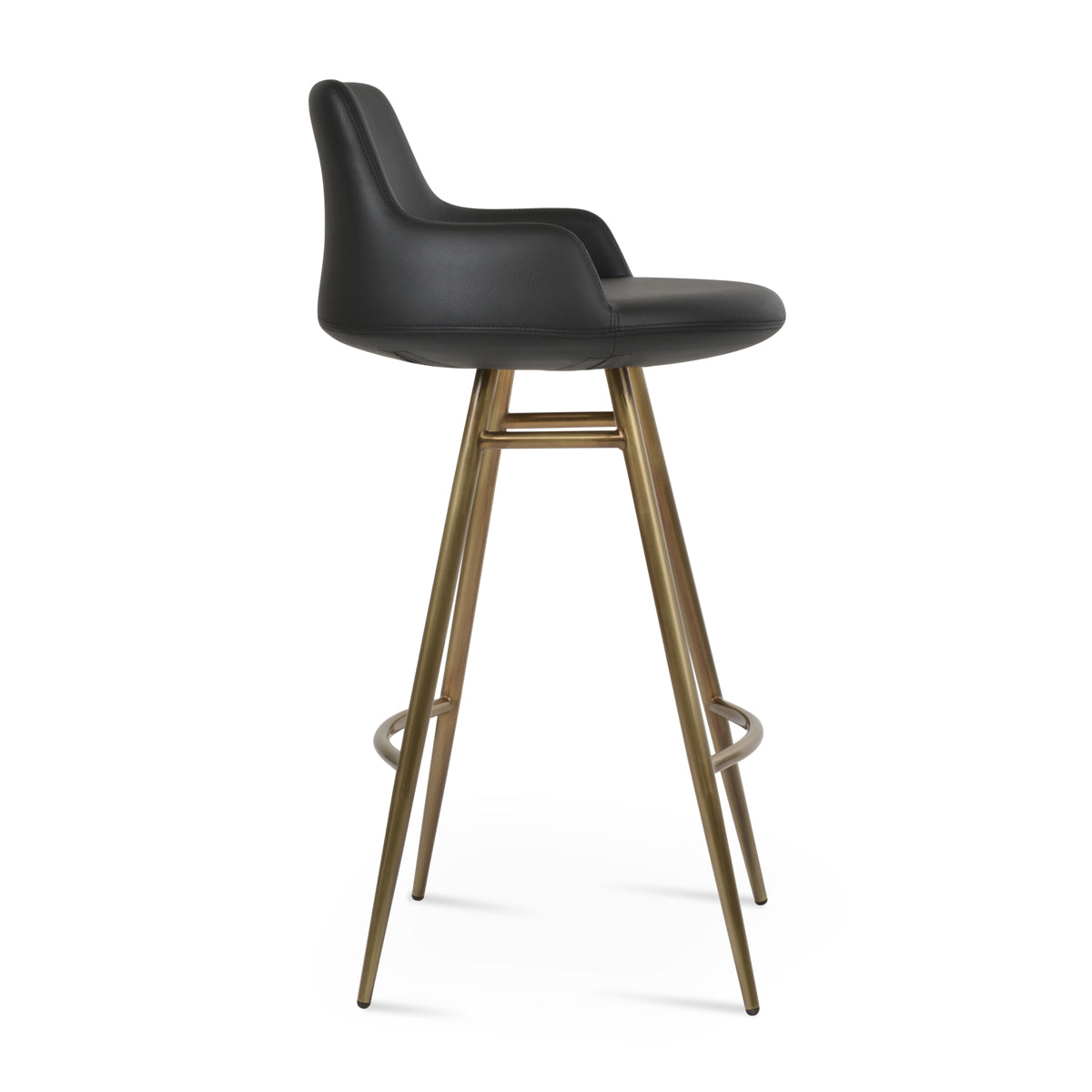 Dervish Galata Bar Stool by SohoConcept, showing side view of dervish galata bar stool in brass plated steel/black leatherette.