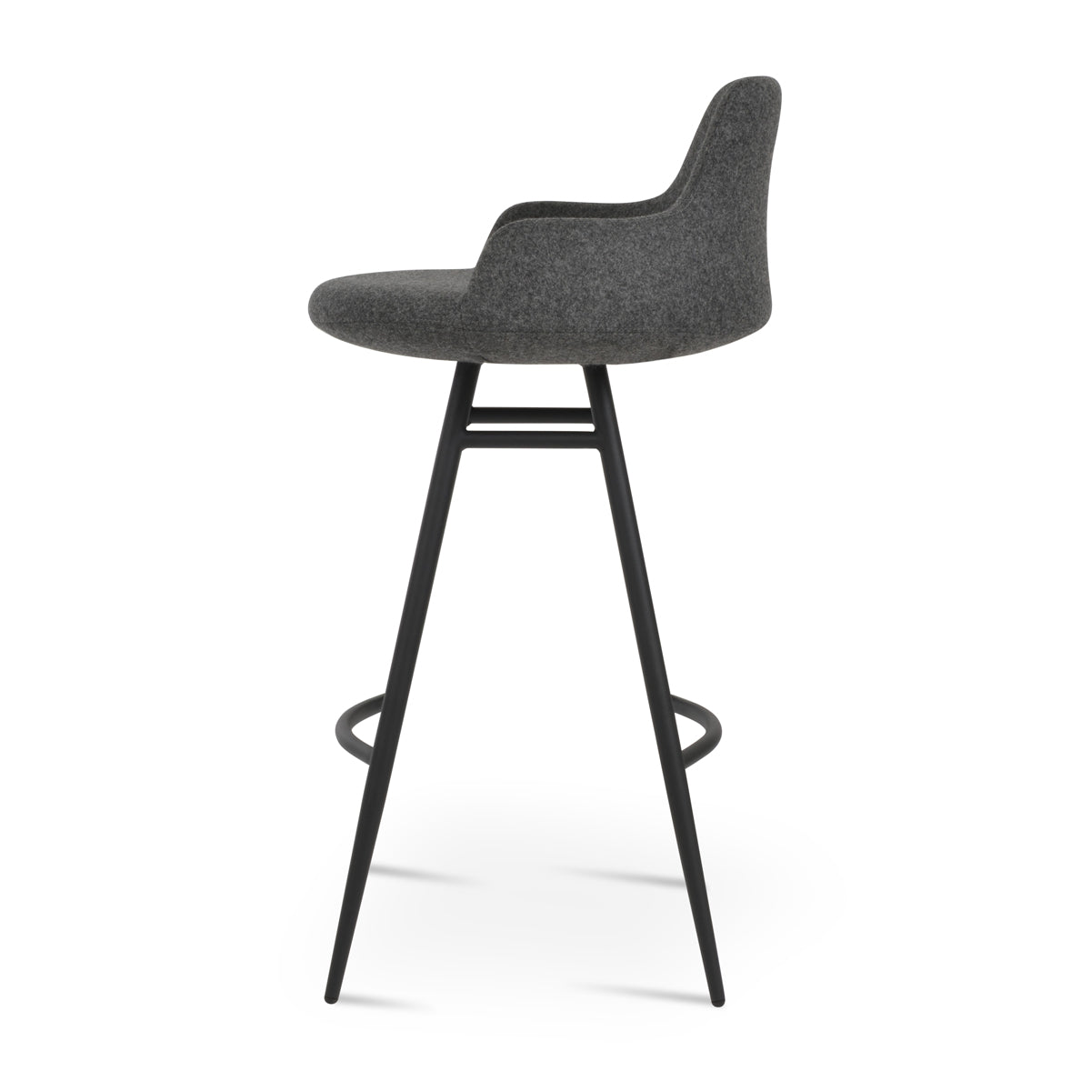 Dervish Galata Counter Stool by SohoConcept, showing side view of dervish galata counter stool in black powder steel/camira blazer dark grey wool.