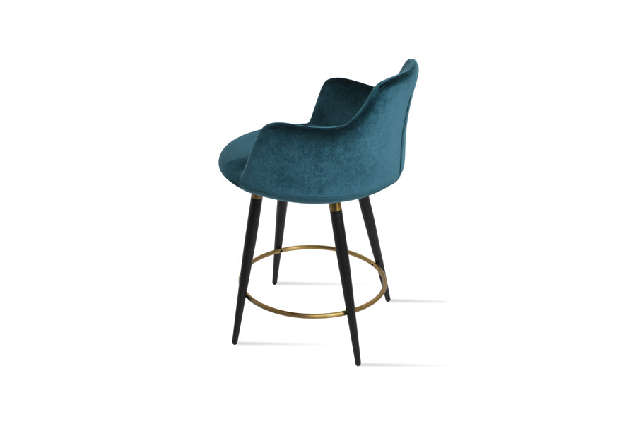 Dervish Large Ana Bar Stool by SohoConcept, showing back view of dervish large ana bar stool in black powder steel with brass ring and footrest/petrol green velvet fabric.