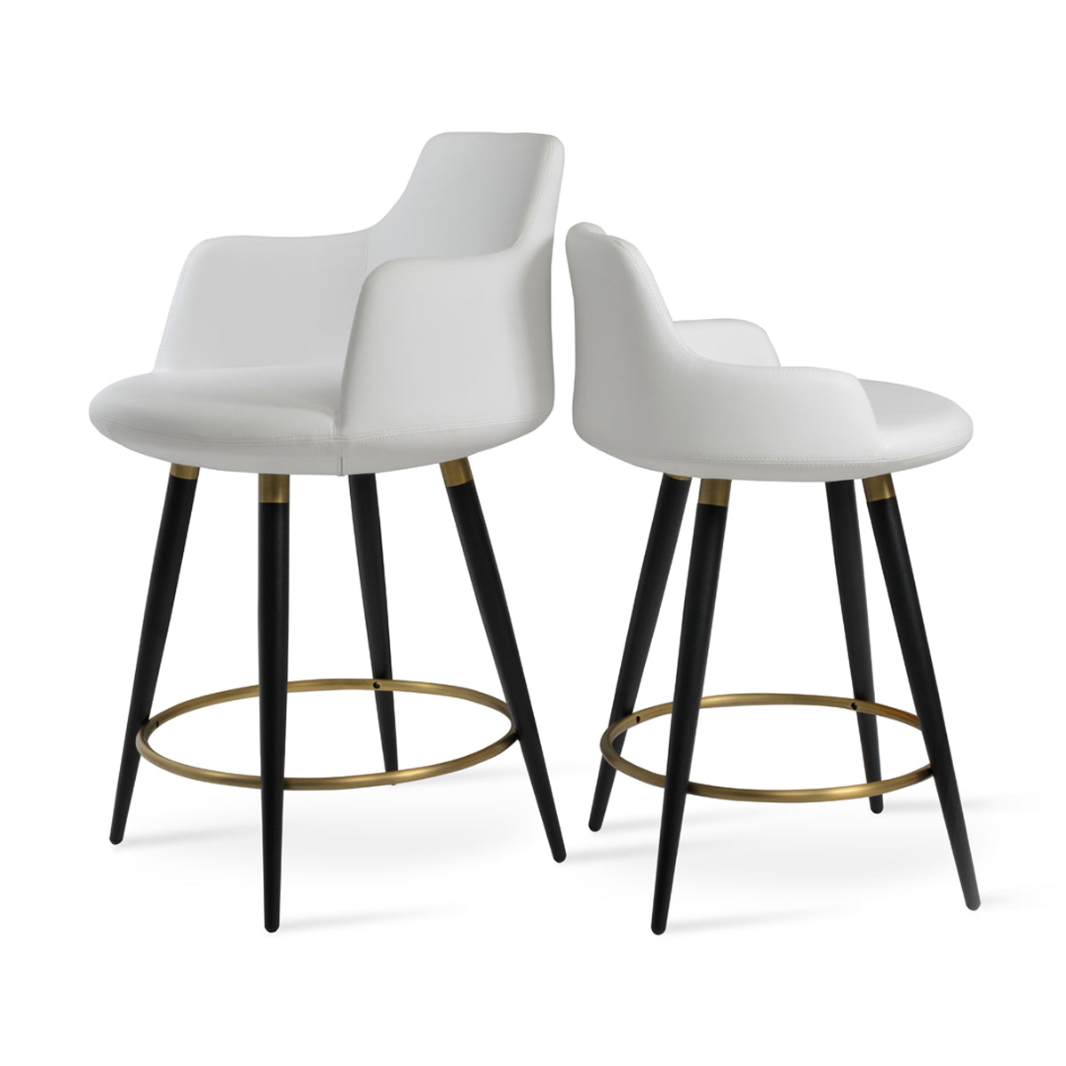 Dervish Large Ana Bar Stool by SohoConcept, showing angle view of dervish large ana bar stool in black powder steel with brass ring and footrest/white leatherette with small dervish stool.