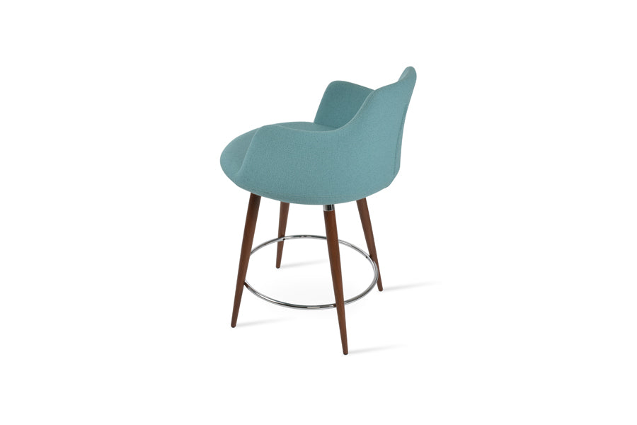 Dervish Large Ana Bar Stool by SohoConcept, showing back view of dervish large ana bar stool in walnut veneer steel with chrome ring and footrest/camira yoredale green boucle fabric.