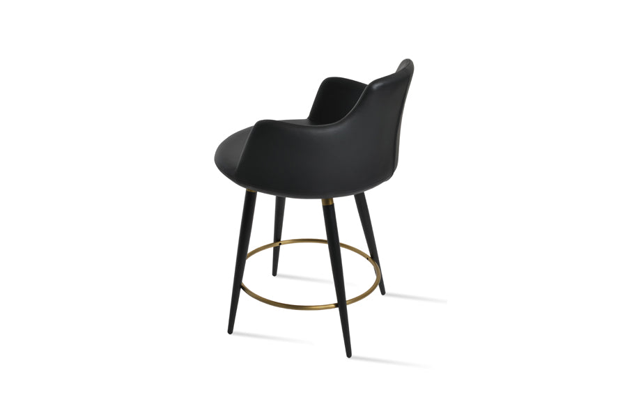 Dervish Large Ana Bar Stool by SohoConcept, showing back view of dervish large ana bar stool in black powder steel with brass ring and footrest/black leatherette.