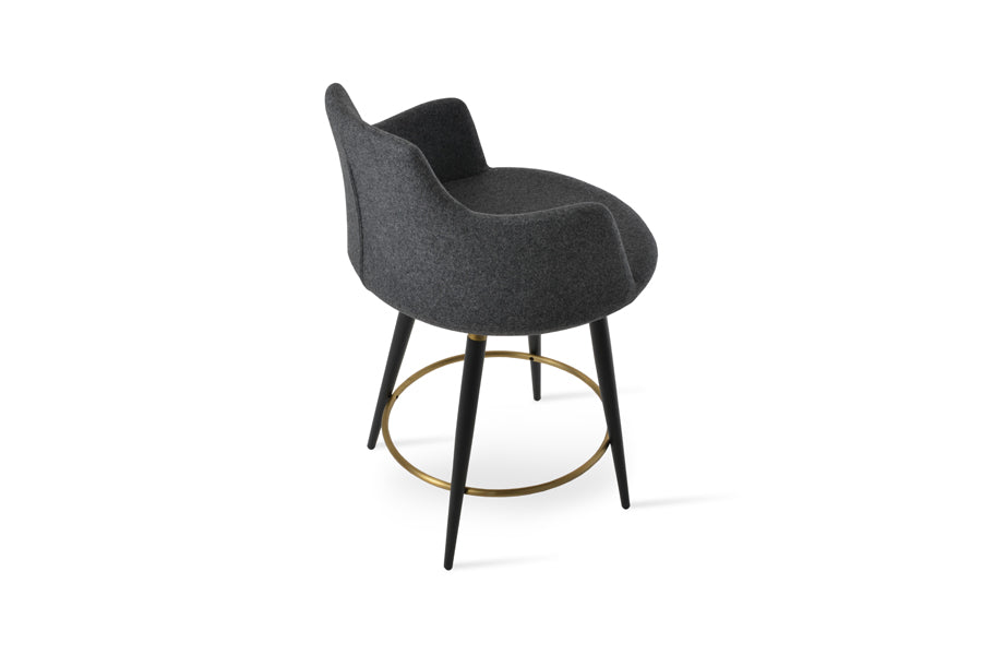 Dervish Large Ana Bar Stool by SohoConcept, showing back view of dervish large ana bar stool in black powder steel with brass ring and footrest/camira blazer dark grey wool.