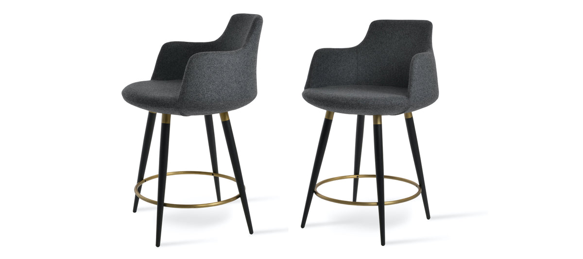 Dervish Large Ana Counter Stool by SohoConcept, showing different angle views of dervish large ana counter stools in black powder steel with brass ring and footrest/camira blazer dark grey wool.