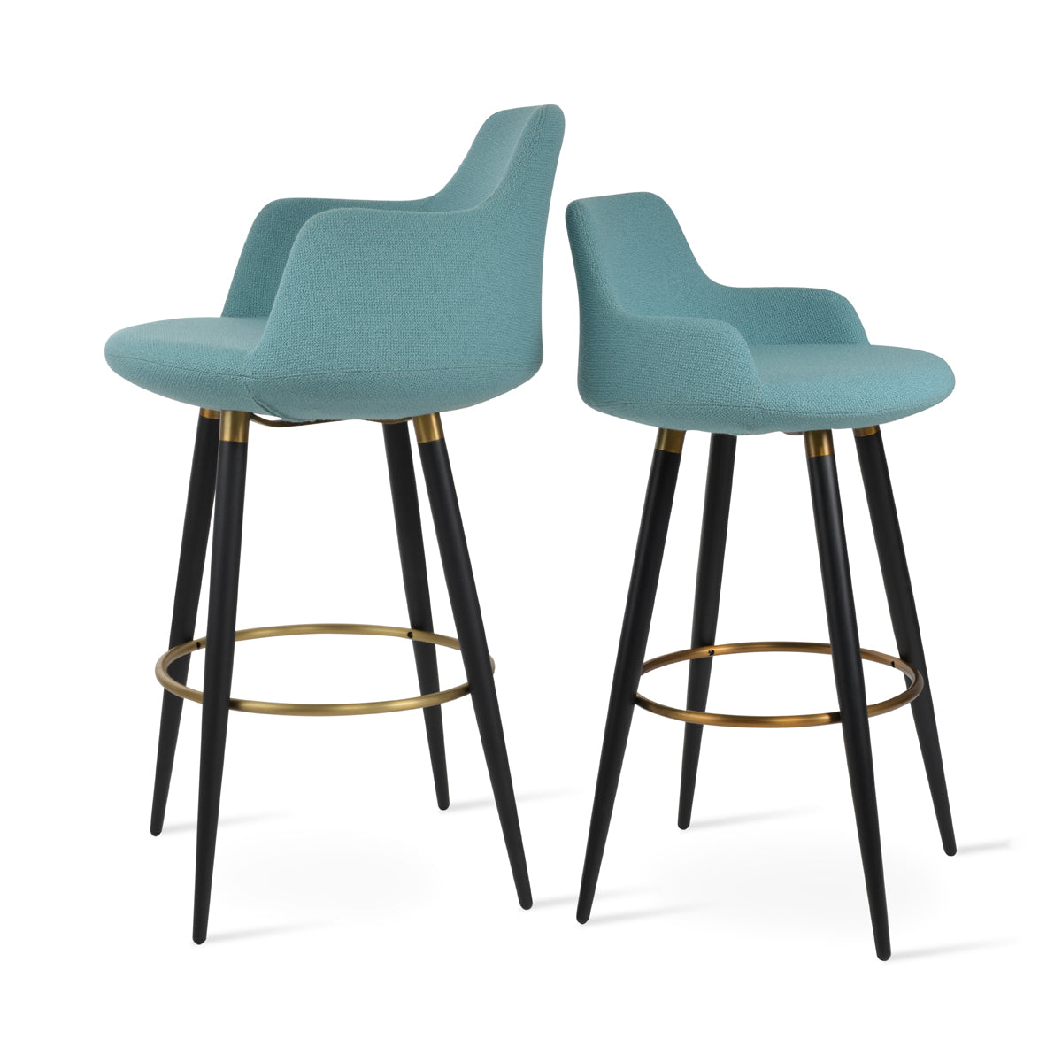 Dervish Large Ana Counter Stool by SohoConcept, showing side view of dervish large ana counter stool in black powder steel with brass ring and footrest/camira yoredale green boucle fabric with small dervish stool.