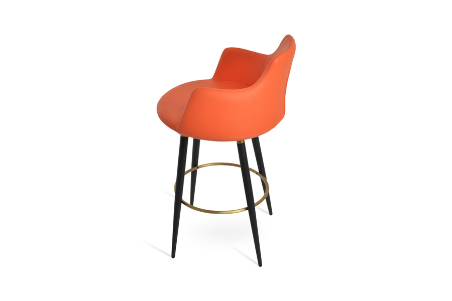 Dervish Large Ana Counter Stool by SohoConcept, showing back view of dervish large ana counter stool in black powder steel with brass ring and footrest/orange leatherette.
