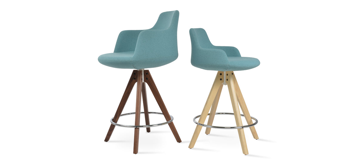 Dervish Large Pyramid Bar Stool by SohoConcept, showing side view of dervish large pyramid bar stool in original american walnut with white mechanism & chrome footrest/camira yoredale green boucle fabric.