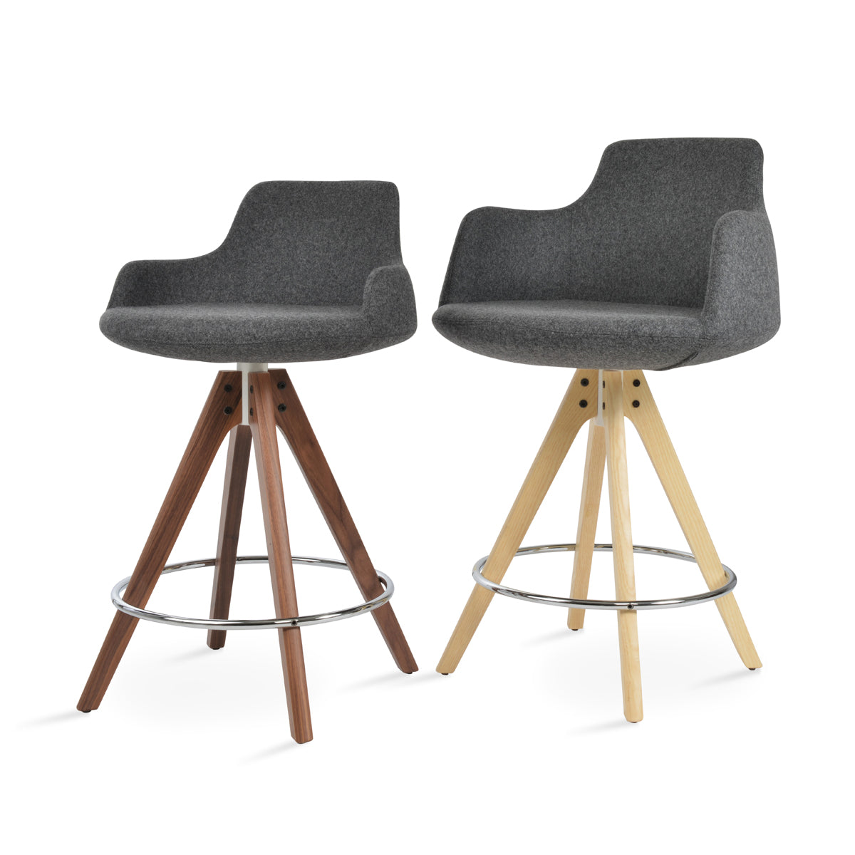 Dervish Large Pyramid Bar Stool by SohoConcept, showing angle view of dervish large pyramid bar stool in original natural ash wood/camira blazer dark grey wool with small dervish stool.