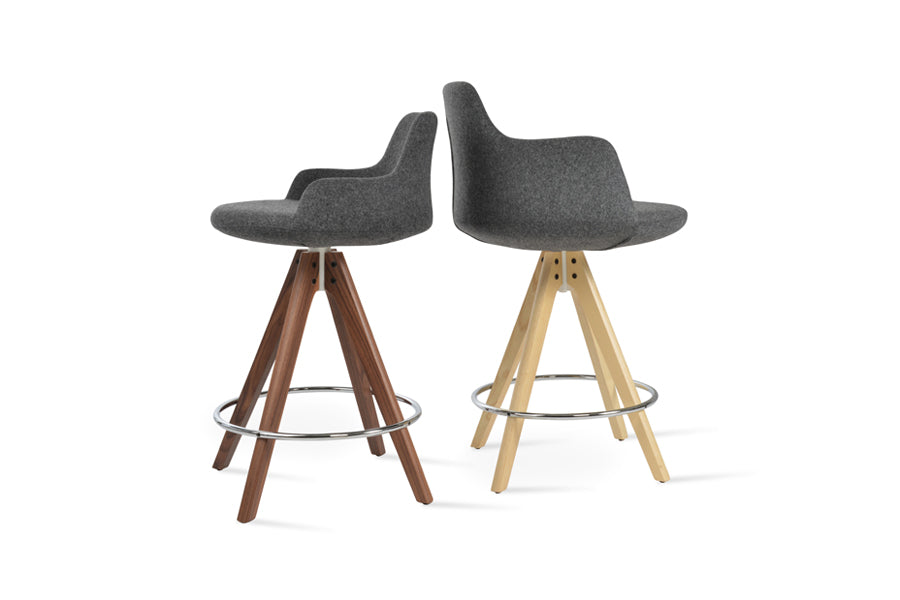 Dervish Large Pyramid Bar Stool by SohoConcept, showing side view of dervish large pyramid bar stool in original natural ash wood/camira blazer dark grey wool with small dervish stool.