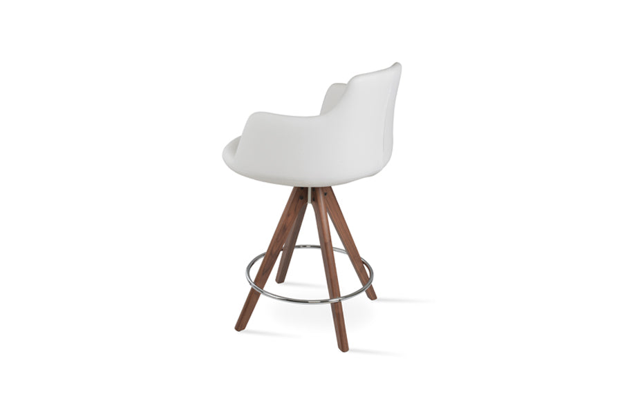 Dervish Large Pyramid Bar Stool by SohoConcept, showing back view of dervish large pyramid bar stool in original american walnut with white mechanism & chrome footrest/white leatherette.