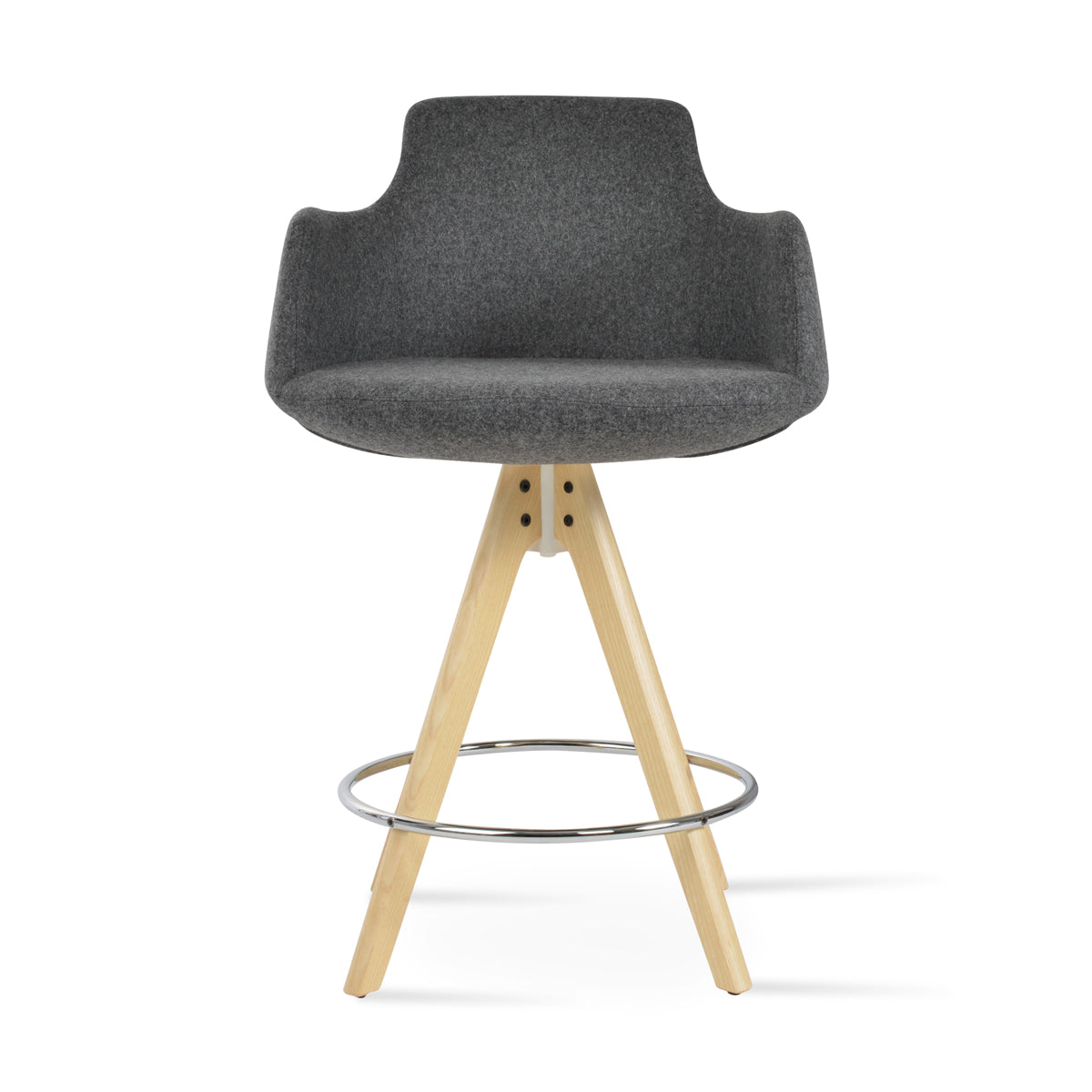 Dervish Large Pyramid Counter Stool by SohoConcept, showing front view of dervish large pyramid counter stool in original natural ash wood/camira blazer dark grey wool.