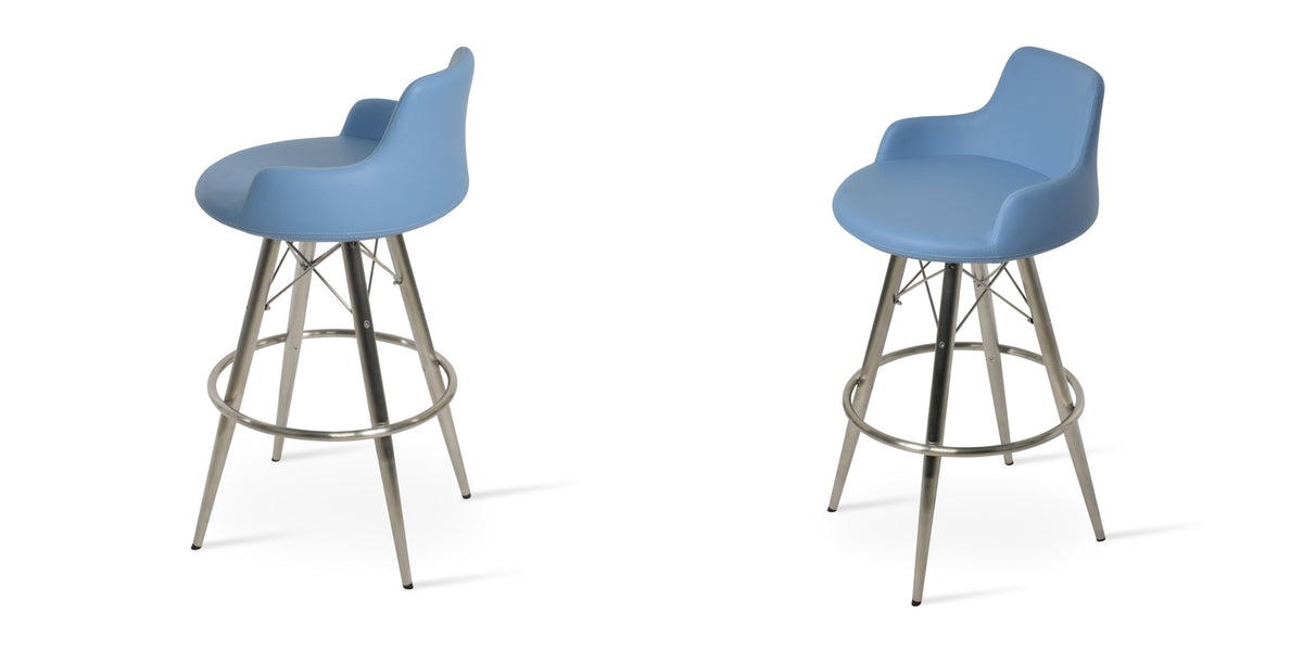 Dervish MW Counter Stool, showing different angle views of dervish mw counter stool in stainless steel/camira blazer sky blue wool.