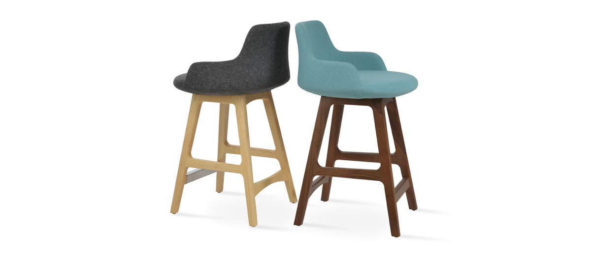 Dervish PR-Wood Bar Stool by SohoConcept, showing different angle views of dervish pr-wood bar stools in natural ash wood/camira blazer dark grey wool & original american walnut wood/camira yoredale green boucle fabric.