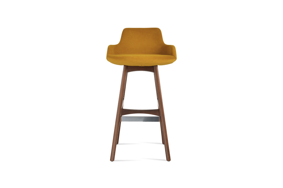 Dervish PR-Wood Bar Stool by SohoConcept, showing front view of dervish pr-wood bar stool in original american walnut wood/tumeric velvet fabric.