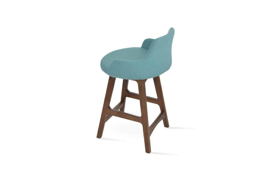 Dervish PR-Wood Bar Stool by SohoConcept, showing back view of dervish pr-wood bar stool in original american walnut wood/camira yoredale green boucle fabric.