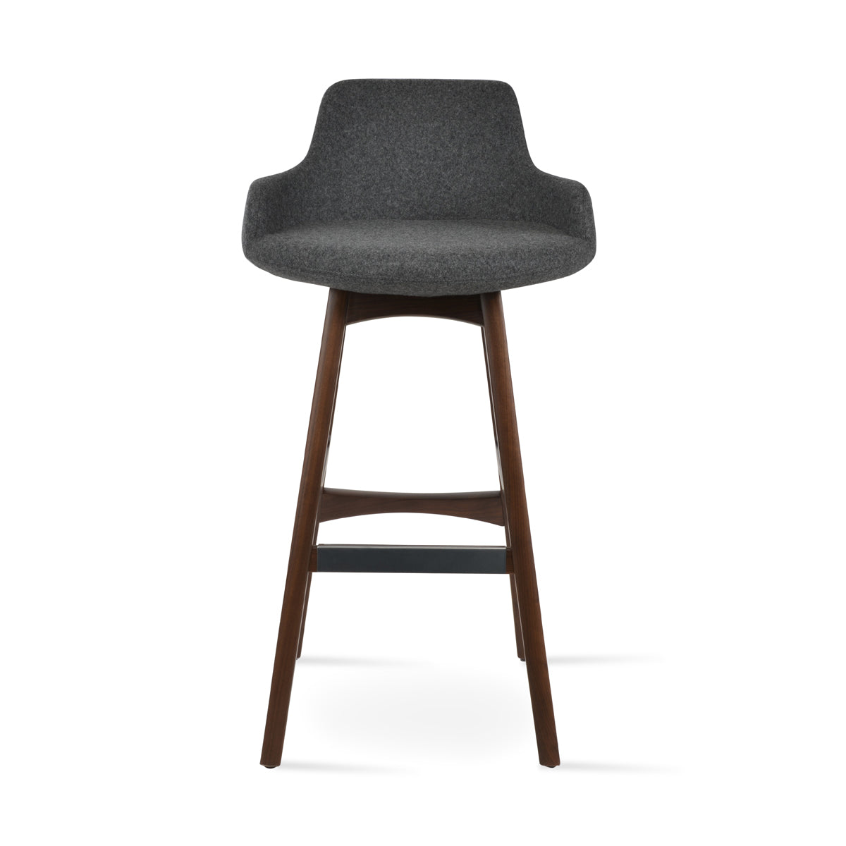 Dervish PR-Wood Counter Stool by SohoConcept, showing front view of dervish pr-wood counter stool in original american walnut wood/camira blazer dark grey wool.