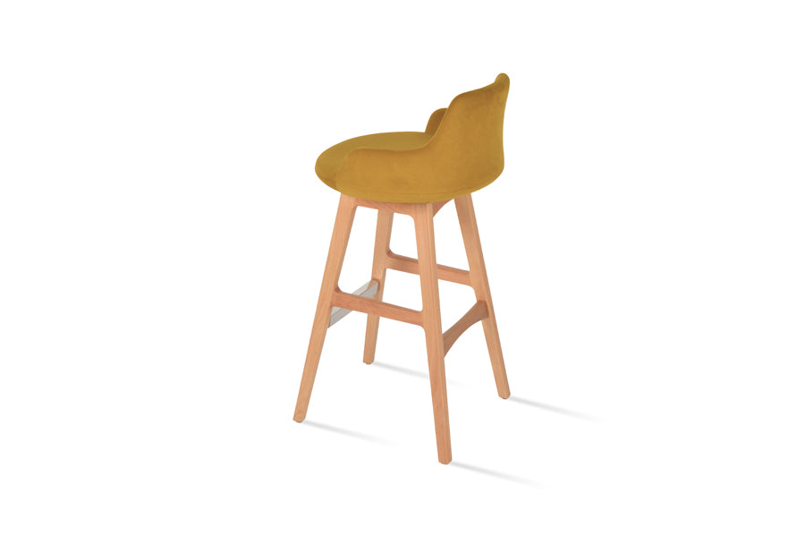 Dervish PR-Wood Counter Stool by SohoConcept, showing back view of dervish pr-wood counter stool in beech natural wood/tumeric velvet fabric.