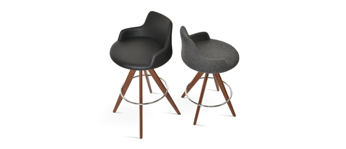 Dervish Pyramid-MW Swivel Stool by SohoConcept, showing different angle views of dervish pyramid-mw swivel stools in walnut veneer legs & chrome footrest/camira blazer dark grey wool/black leatherette.
