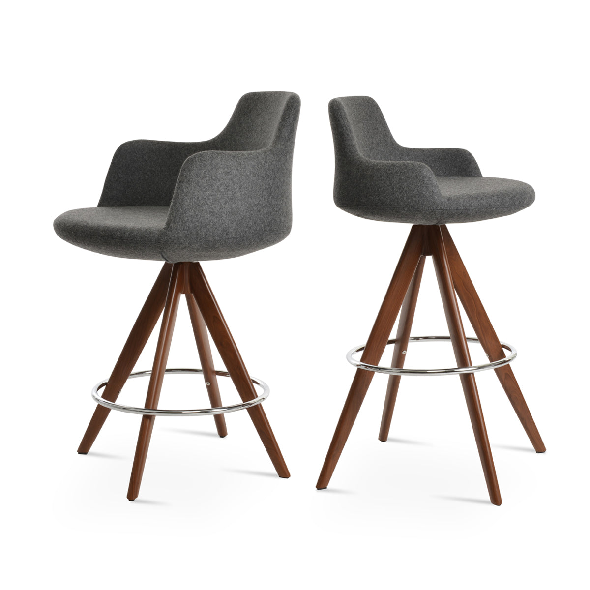 Dervish Pyramid-MW Swivel Stool by SohoConcept, showing angle view of dervish pyramid-mw swivel stool in walnut veneer legs & chrome footrest/camira blazer dark grey wool with large stool.