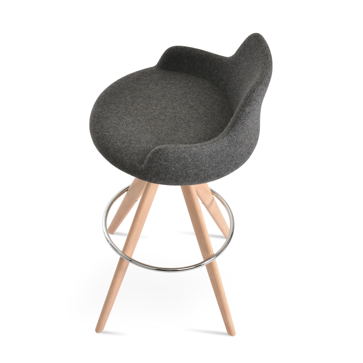Dervish Pyramid-MW Swivel Stool by SohoConcept, showing top view of dervish pyramid-mw swivel stool in natural veneer legs & chrome footrest/camira blazer dark grey wool.