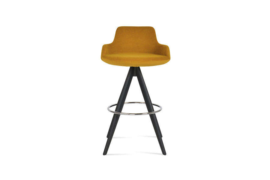 Dervish Pyramid-MW Swivel Stool by SohoConcept, showing front view of dervish pyramid-mw swivel stool in black powder legs & brass footrest/tumeric velvet fabric.