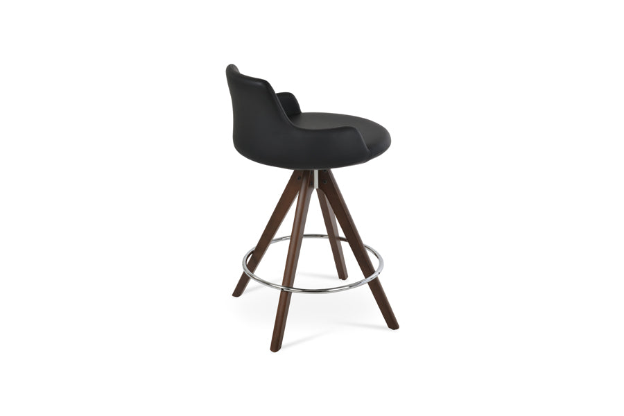Dervish Pyramid Swivel Stool by SohoConcept, showing back view of dervish pyramid swivel stool in beech walnut wood/black leatherette.