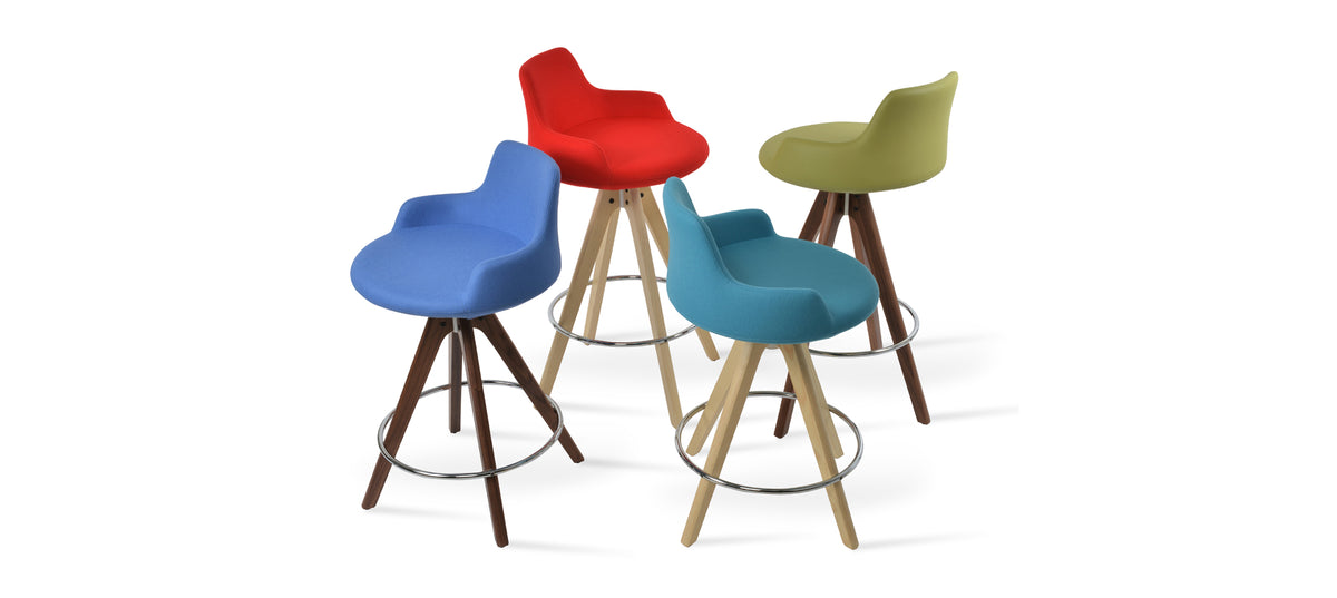 Dervish Pyramid Swivel Stool by SohoConcept, showing different angle views of dervish pyramid swivel stools in natural ash wood with camira blazer candy apple red wool & camira blazer turquoise wool and beech walnut wood with camira blazer sky blue wool & green leatherette.