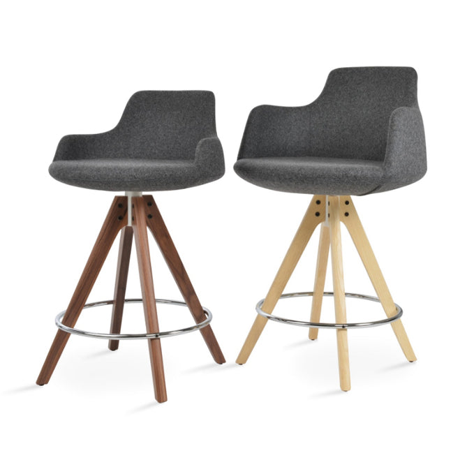 Dervish Pyramid Swivel Stool by SohoConcept, showing angle views of dervish pyramid swivel stools in natural ash wood and original american walnut with white mechanism & chrome footrest/camira blazer dark grey wool.