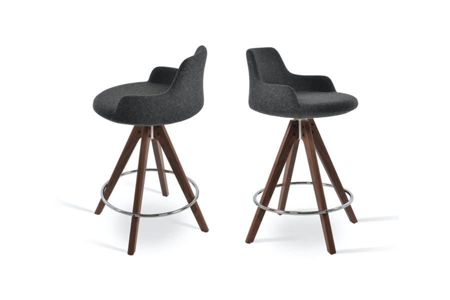 Dervish Pyramid Swivel Stool by SohoConcept, showing different angle views of dervish pyramid swivel stools in beech walnut wood/camira blazer dark grey wool.