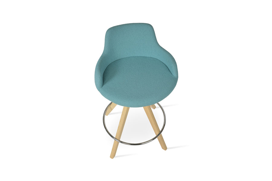 Dervish Pyramid Swivel Stool by SohoConcept, showing top view of dervish pyramid swivel stool in natural ash wood/camira yoredale green boucle fabric.