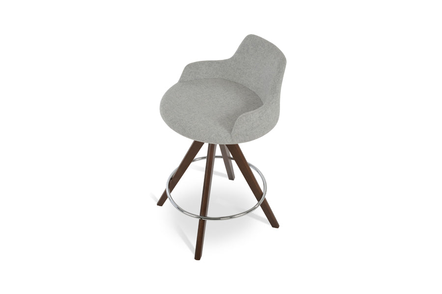Dervish Pyramid Swivel Stool by SohoConcept, showing top view of dervish pyramid swivel stool in beech walnut wood/camira blazer silver wool.