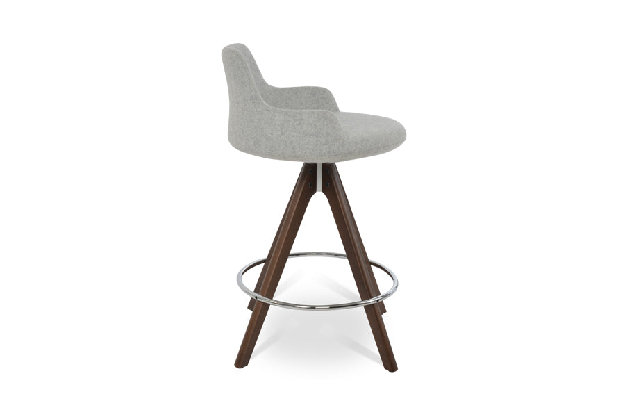 Dervish Pyramid Swivel Stool by SohoConcept, showing side view of dervish pyramid swivel stool in beech walnut wood/camira blazer silver wool.