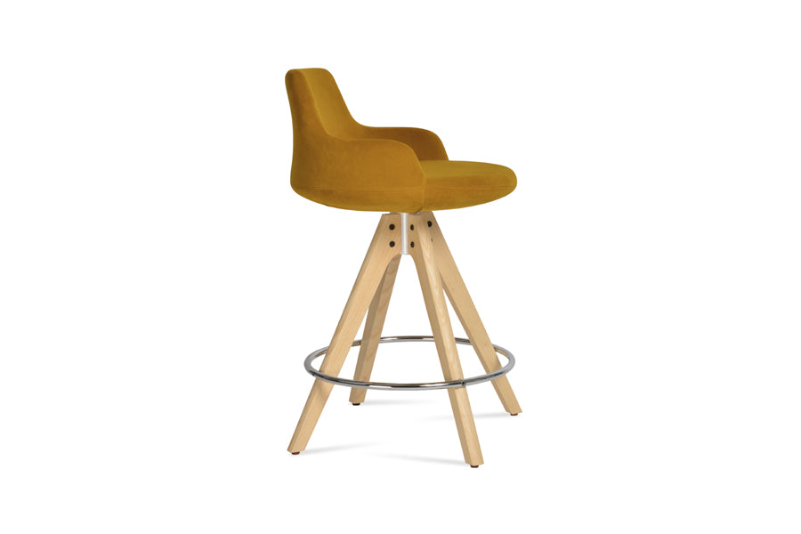 Dervish Pyramid Swivel Stool by SohoConcept, showing side view of dervish pyramid swivel stool in original natural ash wood/tumeric velvet fabric.