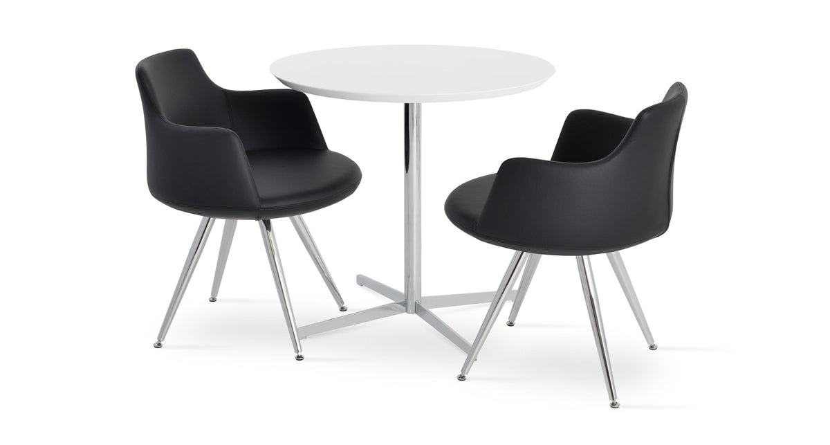 Dervish Star Adjustable Cap Chair by SohoConcept, showing different angle views of dervish star adjustable cap chairs in chrome/black leatherette with table.
