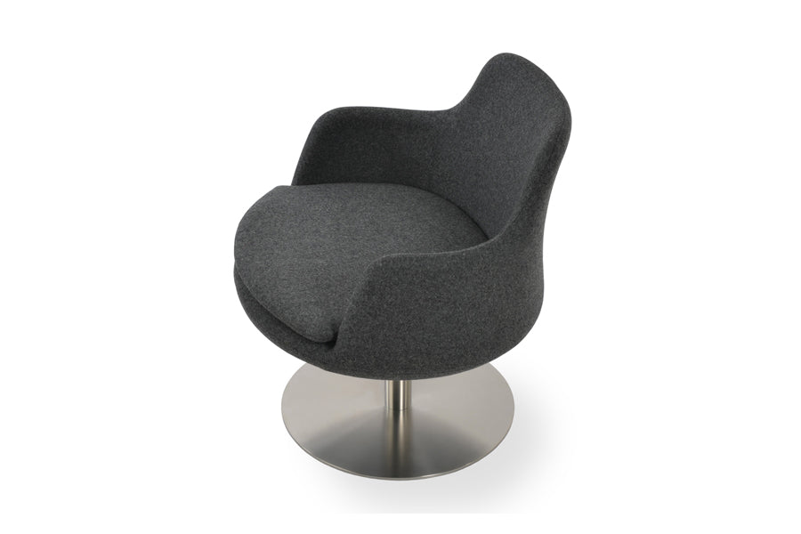 Dervish Swivel Lounge Arm Chair by SohoConcept, showing top view of dervish swivel lounge arm chair in camira blazer dark grey wool.