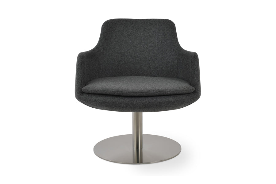 Dervish Swivel Lounge Arm Chair by SohoConcept, showing front view of dervish swivel lounge arm chair in camira blazer dark grey wool.